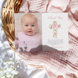 Tarjeta De Agradecimiento Baptismo de la Cruz Floral Rosa Foto Gracias