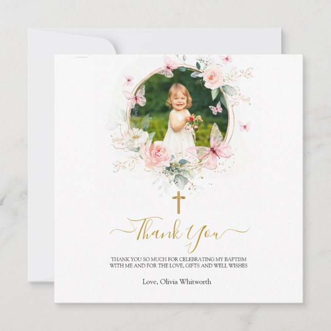 Tarjeta De Agradecimiento Baptismo de la mariposa floral rosa (Anverso)