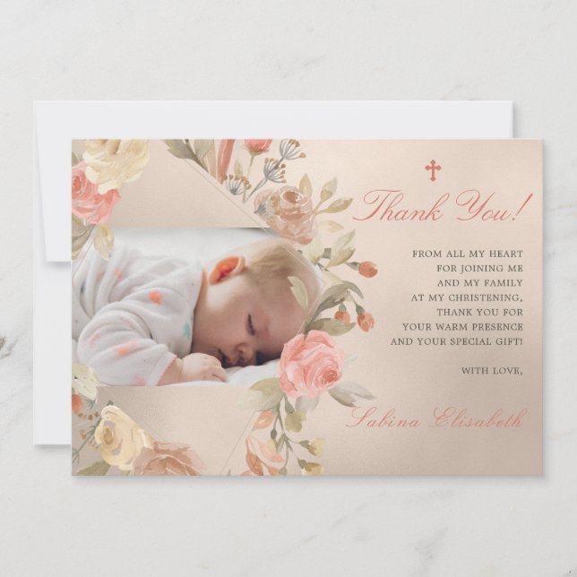 Tarjeta De Agradecimiento Baptismo de oro Christening Baby Rosas Garden Phot (Anverso)