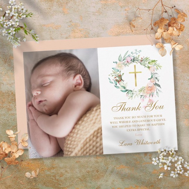 Tarjeta De Agradecimiento Baptismo de Woodland Floral Garland, foto de crist (Woodland Floral Garland Baptism, Christening Photo Thank You Card)