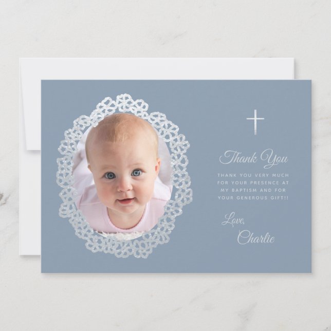 Tarjeta De Agradecimiento Baptismo Duste Foto Azul Floral Wreath Faux Silver (Anverso)