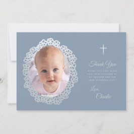 Tarjeta De Agradecimiento Baptismo Duste Foto Azul Floral Wreath Faux Silver