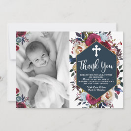 Tarjeta De Agradecimiento Baptismo floral azul de la Marina Borgoña Gracias