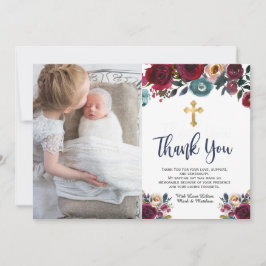 Tarjeta De Agradecimiento Baptismo floral azul de la Marina Borgoña Gracias