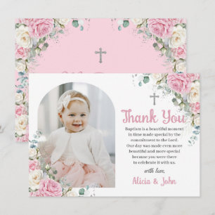 Tarjeta De Agradecimiento Baptismo floral blanco rosado Christening Arch Fot