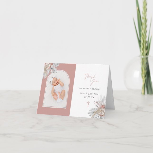 Tarjeta De Agradecimiento Baptismo floral de Boho rosa Collage de fotos de a (Anverso)