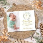 Tarjeta De Agradecimiento Baptismo floral Laurel, Foto de Navidad<br><div class="desc">Una guirnalda decorativa de laurel,  anillos de oro y crucifijo se sientan encima de su bautismo especial o bautizando mensaje de agradecimiento junto a su propia foto en este elegante diseño. Diseñado por Thisisnotme©</div>