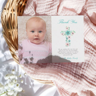 Tarjeta De Agradecimiento Baptismo floral verde azulado y rosa.