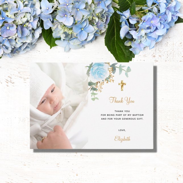 Tarjeta De Agradecimiento Baptismo foto azul niño floral oro (Subido por el creador)