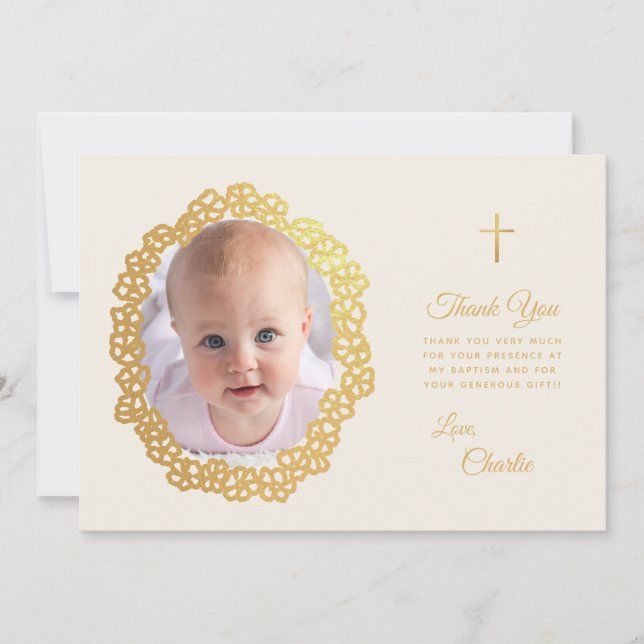 Tarjeta De Agradecimiento Baptismo Foto Floral Guión De Guata Faux Gold Ivor (Anverso)