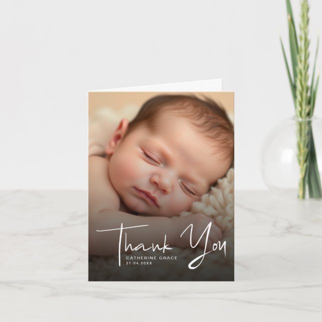 Tarjeta De Agradecimiento Baptismo moderno de foto de bebé con escritura bla (Anverso)