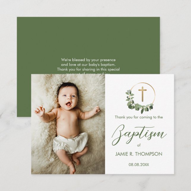 Tarjeta De Agradecimiento Baptismo Moderno Wreath verde cruz foto Personaliz (Anverso / Reverso)