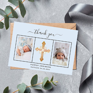 Tarjeta De Agradecimiento Baptismo niño bebé con foto azul claro