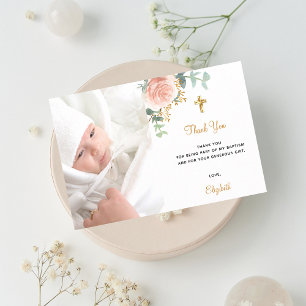 Tarjeta De Agradecimiento Baptismo personalizado foto color rosa chica flora