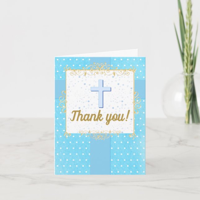Tarjeta De Agradecimiento Baptismo Primer cumpleaños niño de oro azul Textos (Anverso)