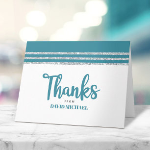 Tarjeta De Agradecimiento Bar Mitzvah Azul Teal Plata Tallit Escritura Moder