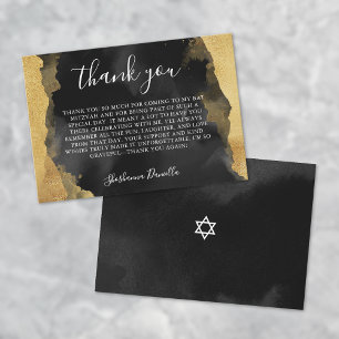 Tarjeta De Agradecimiento Bar Mitzvah de Murciélago de Acuarela Negra Dorada