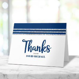 Tarjeta De Agradecimiento Bar Mitzvah Moderno Talit Azul Marino Plata Escrit