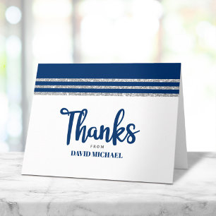 Tarjeta De Agradecimiento Bar Mitzvah Moderno Talit Azul Marino Plata Escrit
