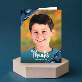 Tarjeta De Agradecimiento Bar Mitzvah Photo Navy Blue Agate Guión moderno
