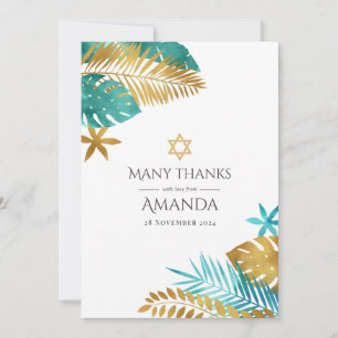 Tarjeta De Agradecimiento Bar Mitzvah Tropical de Turquesa y Dorado