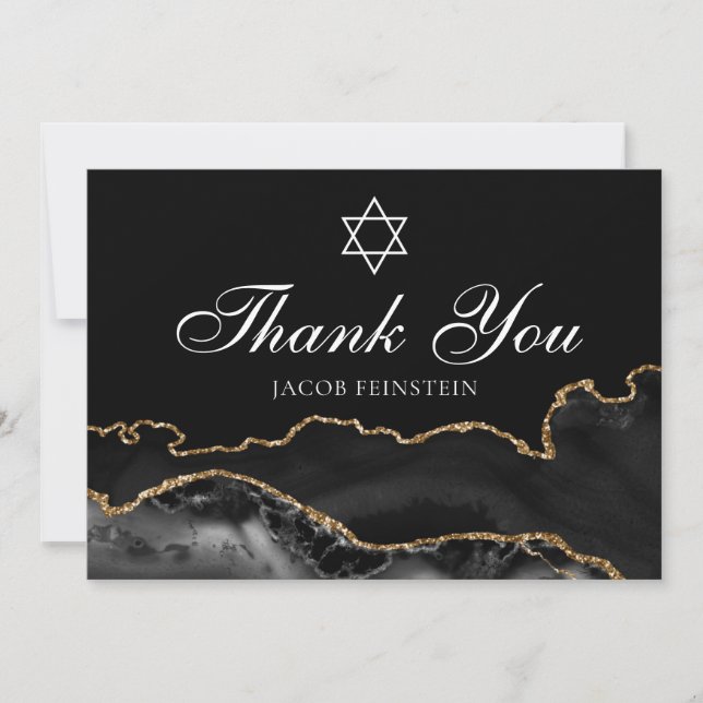 Tarjeta De Agradecimiento Bar personalizado Mitzvah Black Gold Star of David (Anverso)