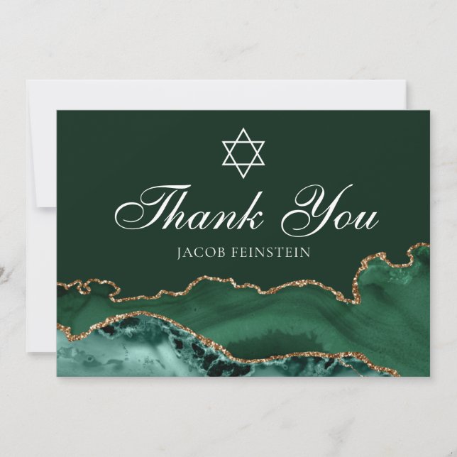 Tarjeta De Agradecimiento Bar personalizado Mitzvah Green Gold Star of David (Anverso)
