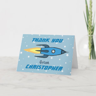 Tarjeta De Agradecimiento Barco Cohete Azul Espacio Exterior Niños Gracias  