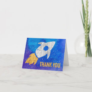 Tarjeta De Agradecimiento Barco Cohete Galaxia De Plata Dorada Gracias