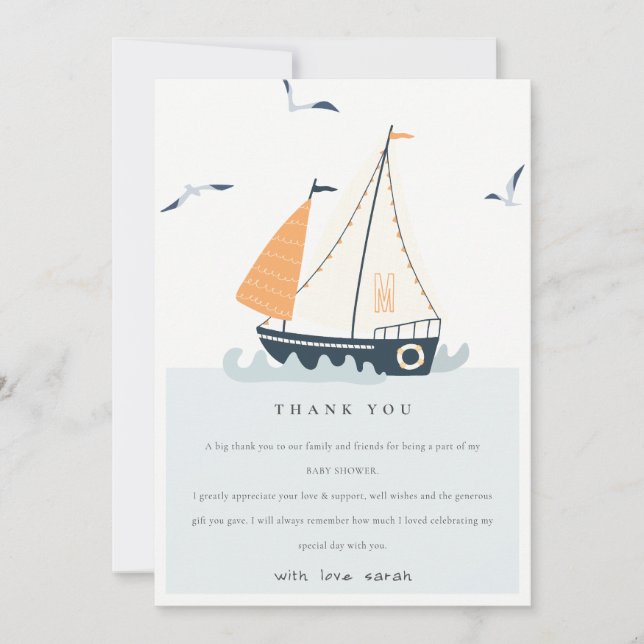 Tarjeta De Agradecimiento Barco de vela azul lindo Pastel Baby Shower (Anverso)