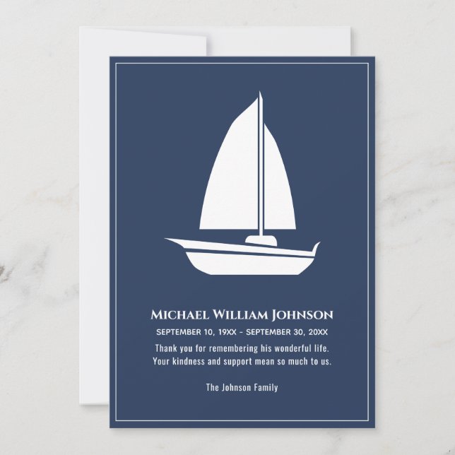 Tarjeta De Agradecimiento Barco de Vela Embarcación Náutico Azul Blanco Fune (Anverso)