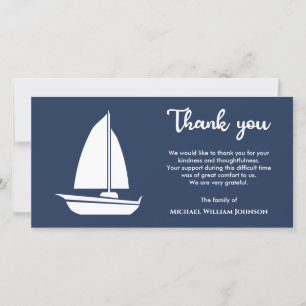 Tarjeta De Agradecimiento Barco vela Barco de vela Funeral Azul Náutico Blan