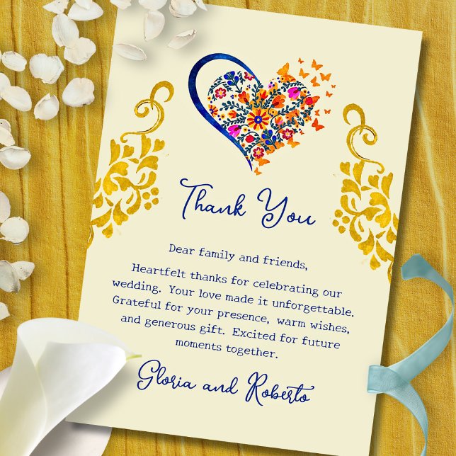 Tarjeta De Agradecimiento Baroque Floral Heart & Gold Mexican Wedding  (Golden baroque scrolls frame a vivid floral heart—an elegant blend of color and gratitude.)