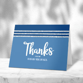 Tarjeta De Agradecimiento Barra Mitzvah Moderno Plata Azul Tallit negrita