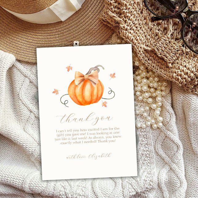 Tarjeta De Agradecimiento Barrido de calabaza dulce caída Baby Shower (Sweet Little Pumpkin Bow Fall Baby Shower Thank You Card)