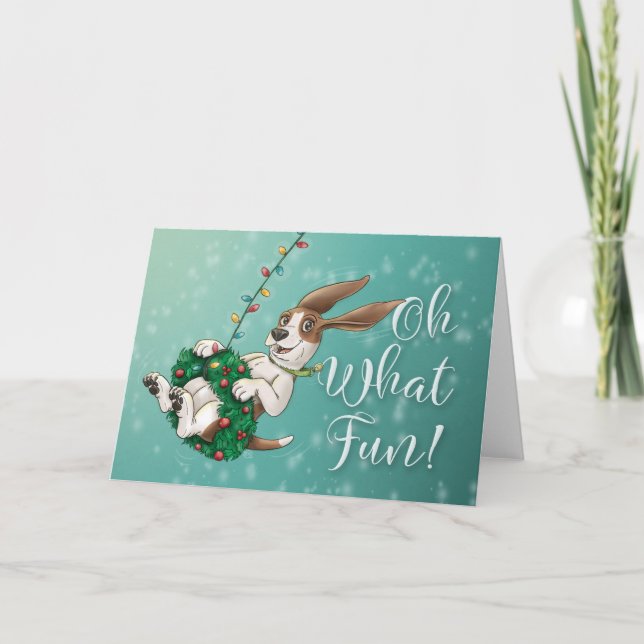 Tarjeta De Agradecimiento Basset Hound Holiday Card - ¡Qué Diversión! (Anverso)
