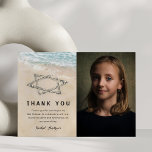Tarjeta De Agradecimiento Bat Bar Mitzvah Photo Thank You Card<br><div class="desc">Beach themed bat / bar mitzvah thank you cards featuring a photo of the child,  summer tropical island background,  a vintage sandy beach with the star of david in the shoreline,  and a appreciation template that is easy to personalize.</div>
