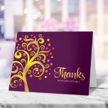Tarjeta De Agradecimiento Bat Mitzvah Árbol de Relieve metalizado dorado mod<br><div class="desc">¡Asegúrate de que tu favorito Bat Mitzvah muestre su aprecio a todos los que apoyaron su evento! ¡Envíe esta sofisticada tarjeta de agradecimiento personalizada! Este gráfico árbol de Relieve metalizado dorado falso con brillantes "hojas" rosadas, naranjas y rojas Estrella de David y "hojas" de punto sobrepone un rico fondo morado....</div>