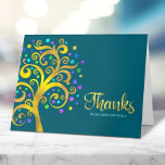 Tarjeta De Agradecimiento Bat Mitzvah árbol de Relieve metalizado dorado mod<br><div class="desc">¡Asegúrate de que tu favorito Bat Mitzvah muestre su aprecio a todos los que apoyaron su evento! ¡Envíe esta sofisticada tarjeta de agradecimiento personalizada! Este gráfico árbol de Relieve metalizado dorado falso con la estrella de David brillante, turquesa, verde azulada, morada y azul y las "hojas" de punto superpone un...</div>