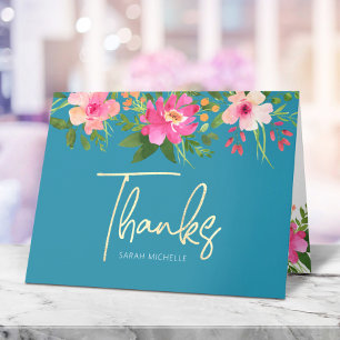 Tarjeta De Agradecimiento Bat Mitzvah Azul Dorado Script Floral Acuarela