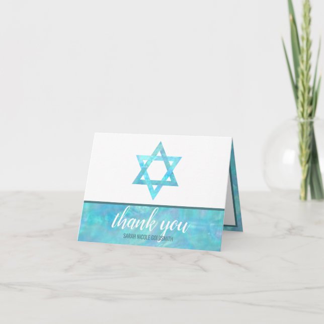 Tarjeta De Agradecimiento Bat Mitzvah Blue Opal Magen David Foto Moda (Anverso)