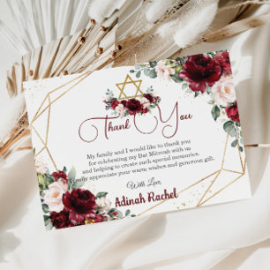 Tarjeta De Agradecimiento Bat Mitzvah Burgundy Rubor Floral Gold Star