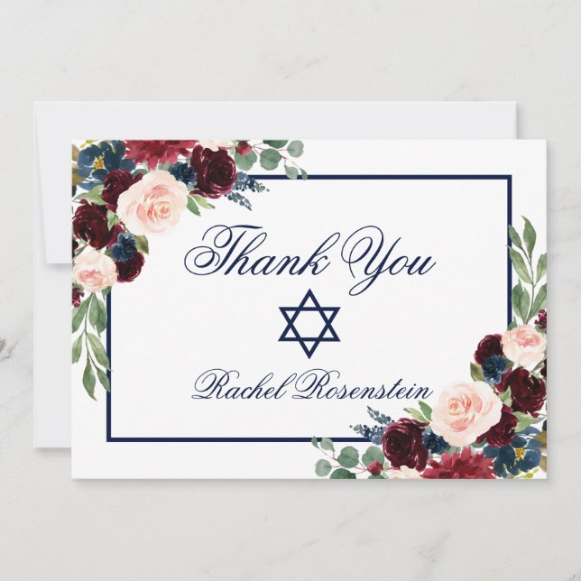 Tarjeta De Agradecimiento Bat Mitzvah Floral Blue Burgundy (Anverso)