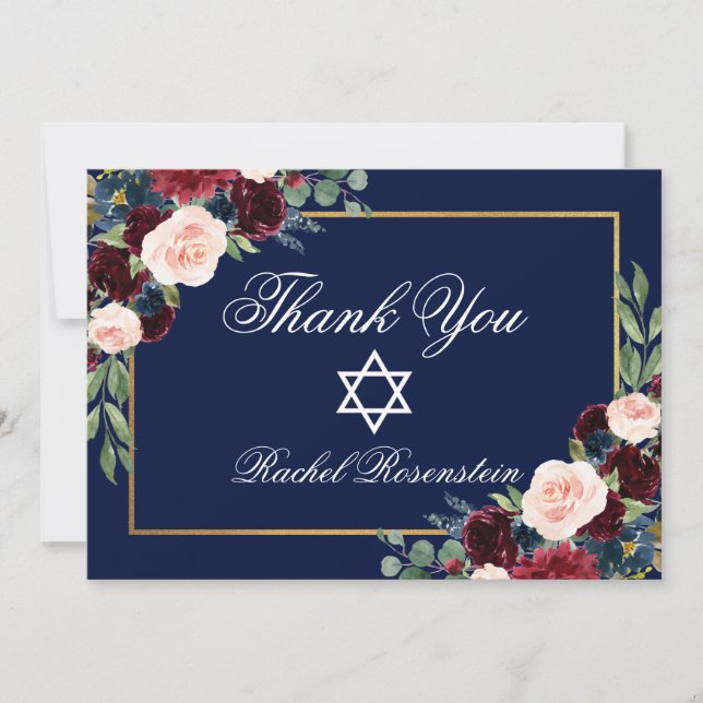 Tarjeta De Agradecimiento Bat Mitzvah Floral Burgundy Blue Gold (Anverso)