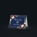 Tarjeta De Agradecimiento Bat Mitzvah Floral Burgundy Blue Gold Note<br><div class="desc">Bat Mitzvah Watercolor Borgoña Marsala Azul Floral Oro Gracias Tarjeta De Nota</div>