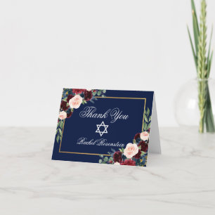 Tarjeta De Agradecimiento Bat Mitzvah Floral Burgundy Blue Gold Note
