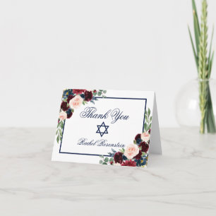 Tarjeta De Agradecimiento Bat Mitzvah Floral Burgundy Blue Note