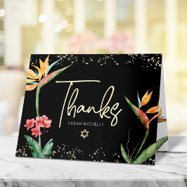 Tarjeta De Agradecimiento Bat Mitzvah Floral Tropical Acuarela Negro Dorado