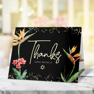 Tarjeta De Agradecimiento Bat Mitzvah Floral Tropical Acuarela Negro Dorado