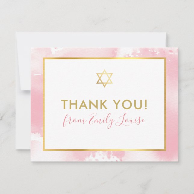 Tarjeta De Agradecimiento BAT MITZVAH gracias a la acuarela rosa estrella do (Anverso)